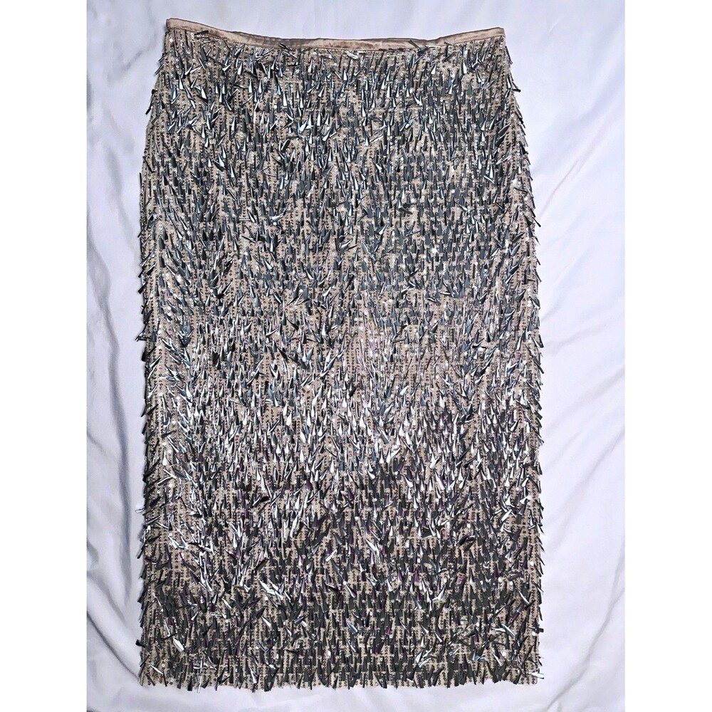 Zara Silver Sequin Midi Pencil Skirt Womens M Lined Back Zip Slit